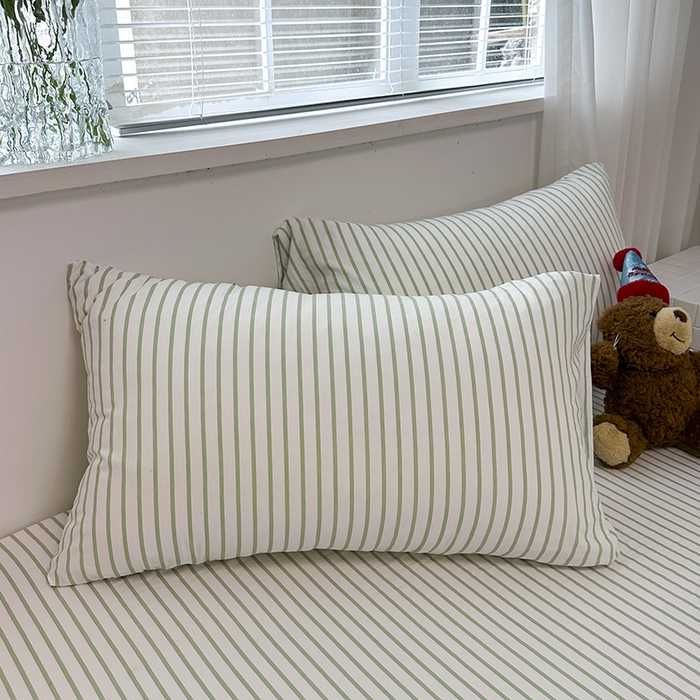 91家纺网 家纺一手货源 找家纺 觅妮家纺 2025新款A类水洗棉韩系ins床笠三件套 绿条纹