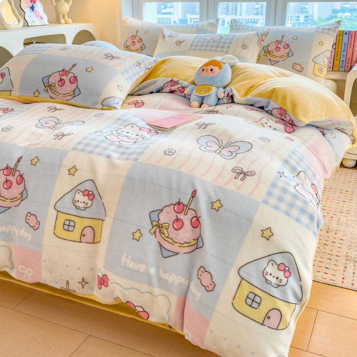 91家纺网 家纺一手货源 找家纺 摩妮卡 摩妮卡 2025新款加厚款小清新牛奶绒印花四件套床单款床笠单被套 甜梦屋-黄