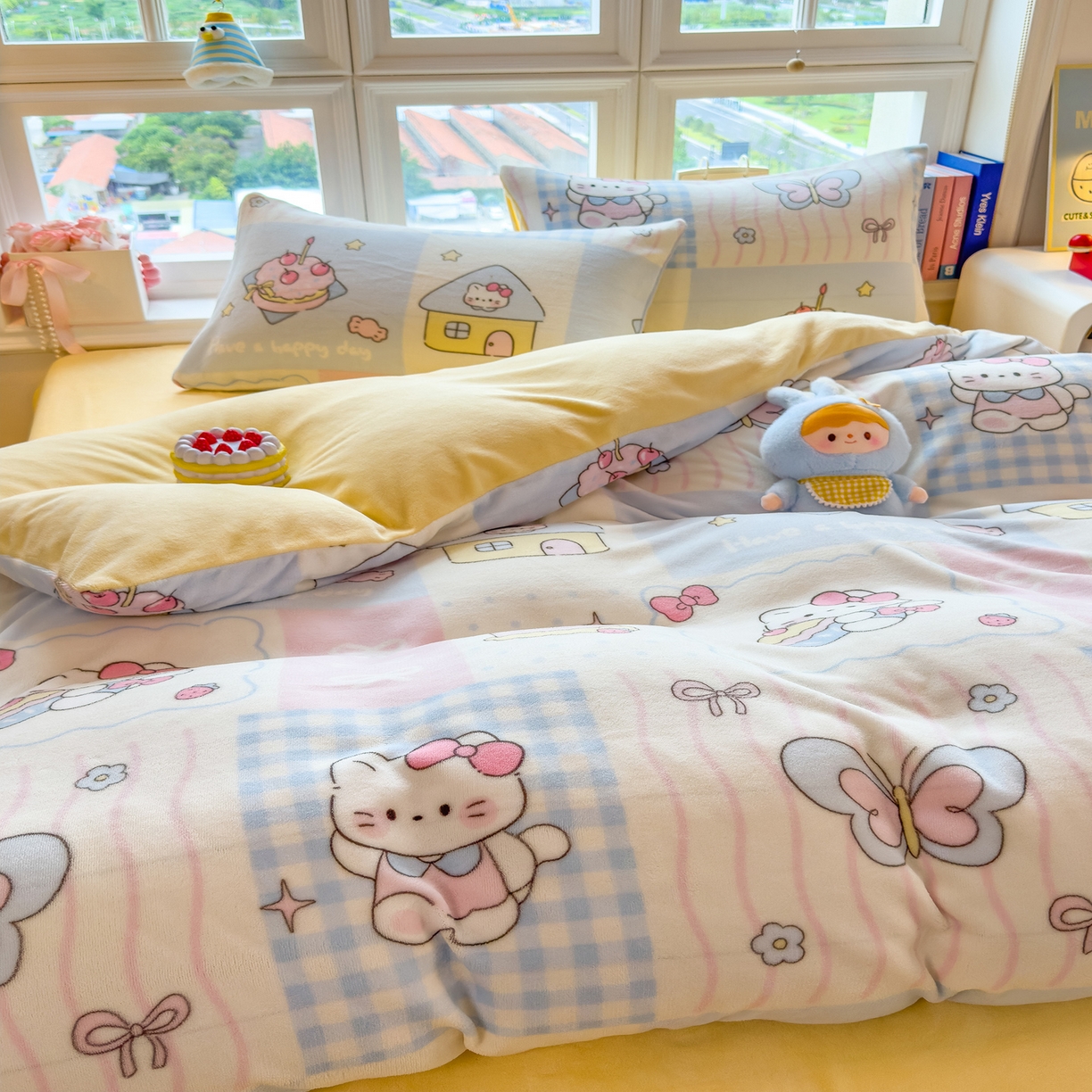 91家纺网 家纺一手货源 找家纺 摩妮卡 摩妮卡 2025新款加厚款小清新牛奶绒印花四件套床单款床笠单被套 甜梦屋-黄