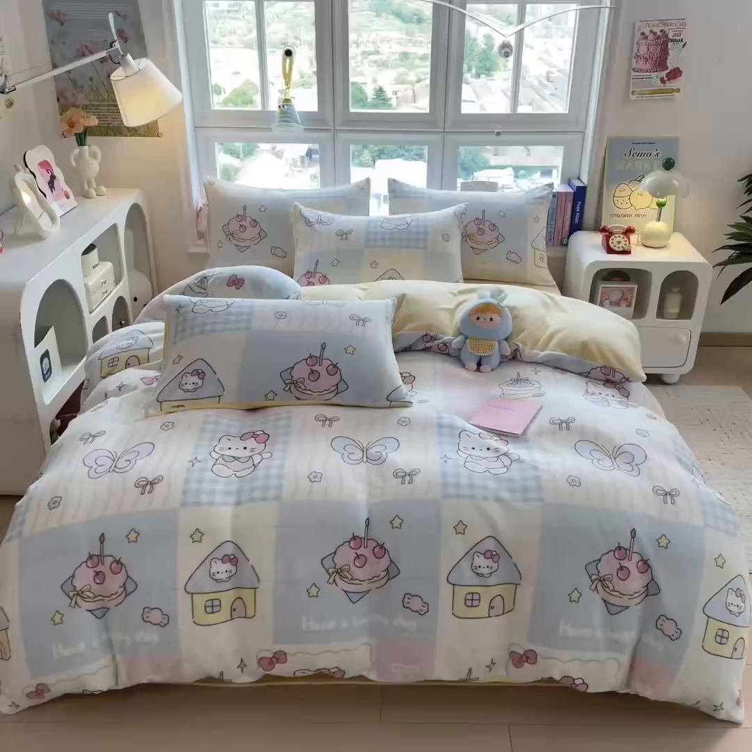 91家纺网 家纺一手货源 找家纺 摩妮卡 摩妮卡 2025新款加厚款小清新牛奶绒印花四件套床单款床笠单被套 甜梦屋-黄