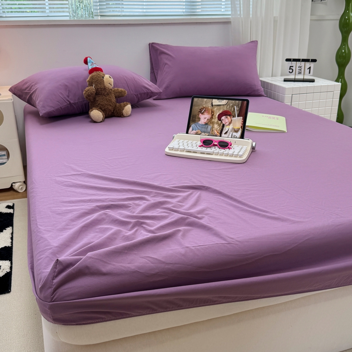 91家纺网 家纺一手货源 找家纺 觅妮家纺 2025新款A类水洗棉韩系ins床笠三件套 纯紫