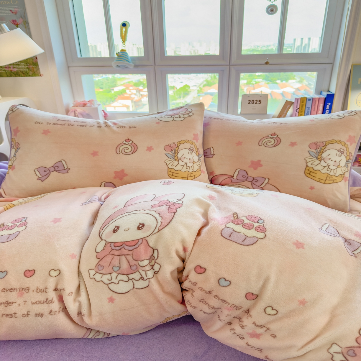 91家纺网 家纺一手货源 找家纺 摩妮卡 摩妮卡 2025新款加厚款小清新牛奶绒印花四件套床单款床笠单被套 安妮兔