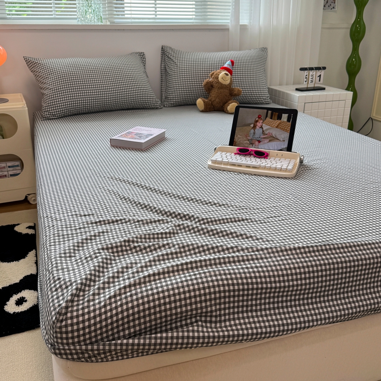 觅妮家纺 2025新款A类水洗棉韩系ins床笠三件套 黑白小格