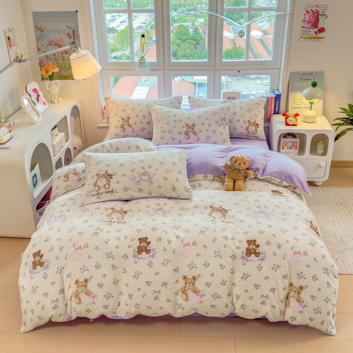 91家纺网 家纺一手货源 找家纺 摩妮卡 摩妮卡 2025新款加厚款小清新牛奶绒印花四件套床单款床笠单被套 比利熊