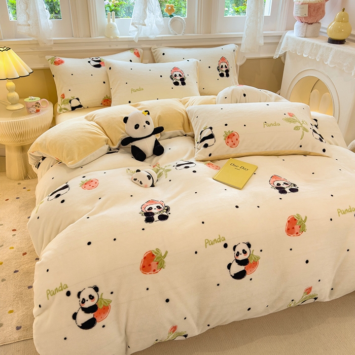 91家纺网 家纺一手货源 找家纺 摩妮卡 摩妮卡 2025新款加厚款小清新牛奶绒印花四件套床单款床笠单被套 草莓熊猫