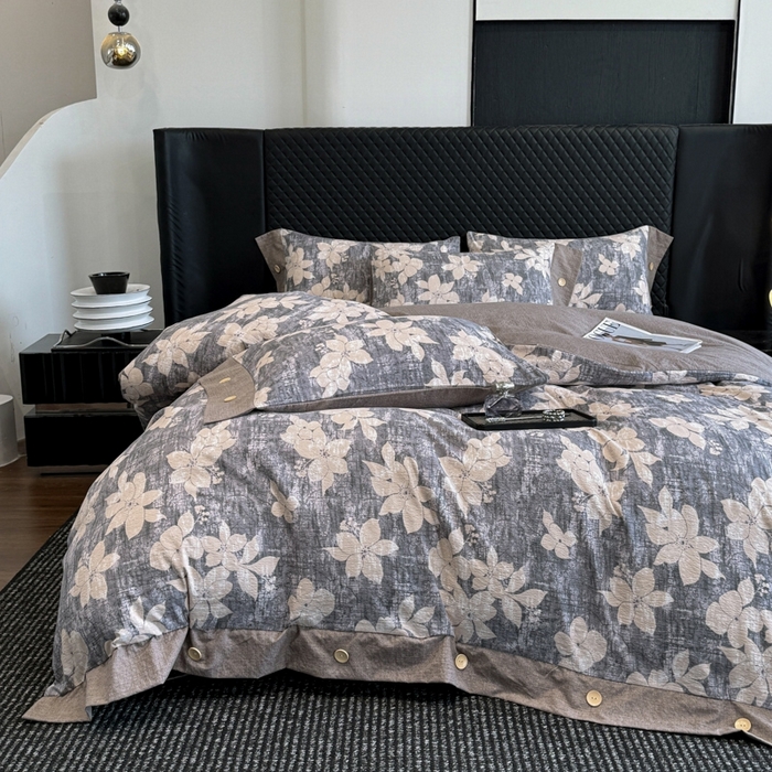 91家纺网 家纺一手货源 找家纺 （总）晚爱家纺（原晚安家居） 2025新款A类原麻四件套纽扣款加厚双层纱仿亚麻套件四件套