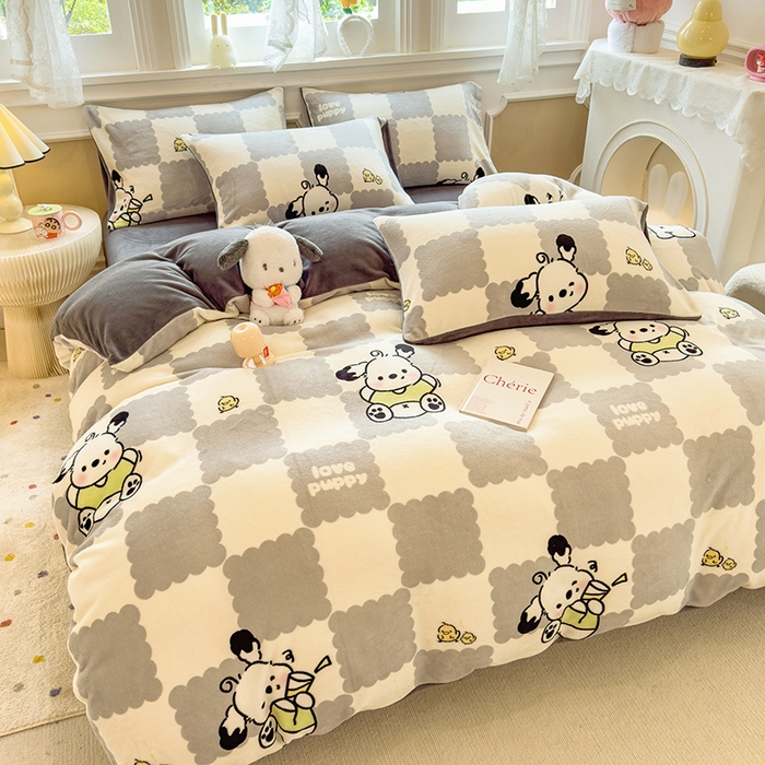 91家纺网 家纺一手货源 找家纺 摩妮卡 摩妮卡 2025新款加厚款小清新牛奶绒印花四件套床单款床笠单被套 格子狗