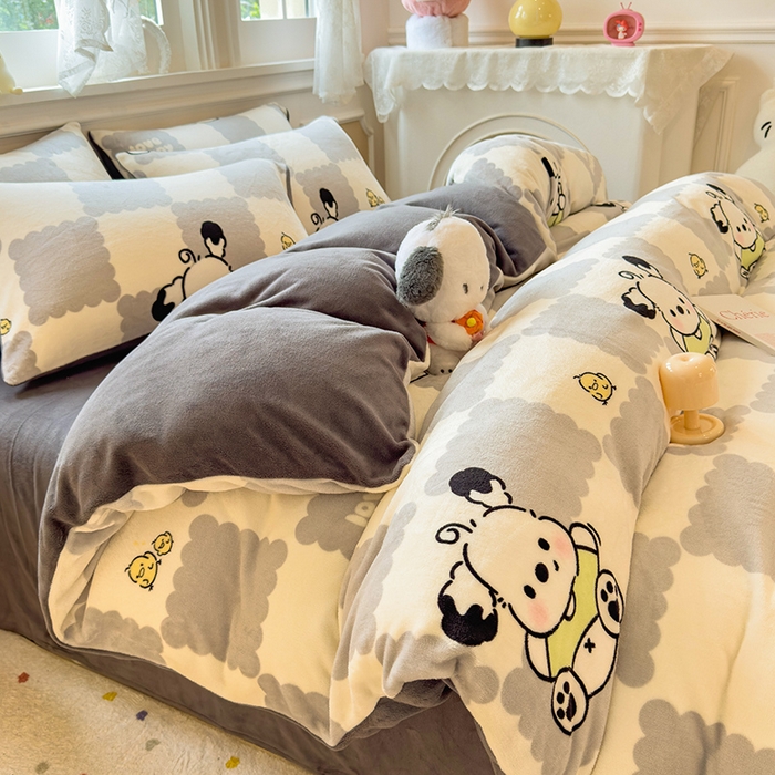 91家纺网 家纺一手货源 找家纺 摩妮卡 摩妮卡 2025新款加厚款小清新牛奶绒印花四件套床单款床笠单被套 格子狗