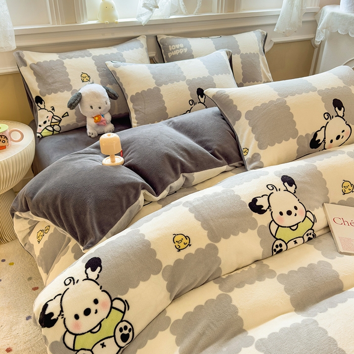 91家纺网 家纺一手货源 找家纺 摩妮卡 摩妮卡 2025新款加厚款小清新牛奶绒印花四件套床单款床笠单被套 格子狗