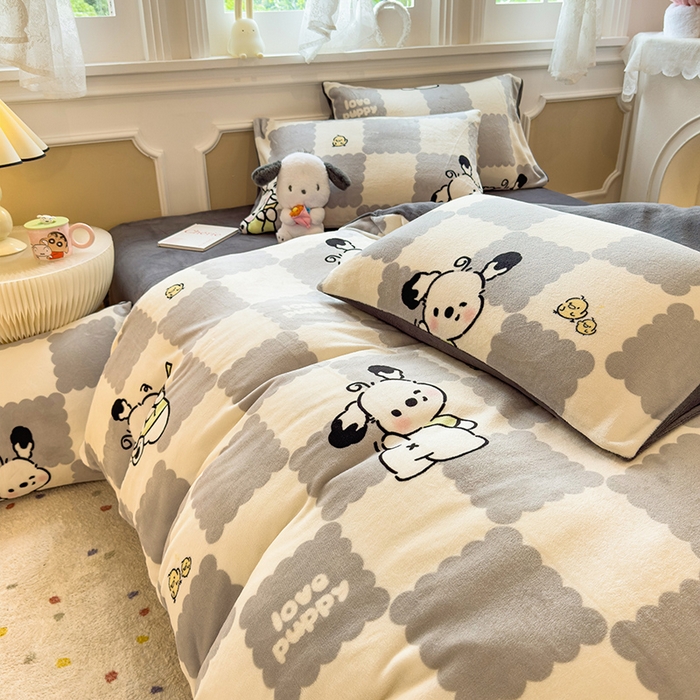 91家纺网 家纺一手货源 找家纺 摩妮卡 摩妮卡 2025新款加厚款小清新牛奶绒印花四件套床单款床笠单被套 格子狗