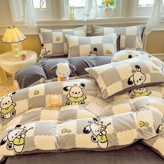 91家纺网 家纺一手货源 找家纺 摩妮卡 摩妮卡 2025新款加厚款小清新牛奶绒印花四件套床单款床笠单被套 格子狗