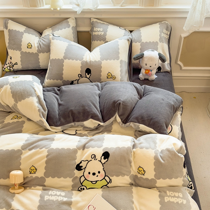 91家纺网 家纺一手货源 找家纺 摩妮卡 摩妮卡 2025新款加厚款小清新牛奶绒印花四件套床单款床笠单被套 格子狗