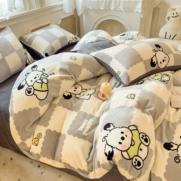 91家纺网 家纺一手货源 找家纺 摩妮卡 摩妮卡 2025新款加厚款小清新牛奶绒印花四件套床单款床笠单被套 格子狗