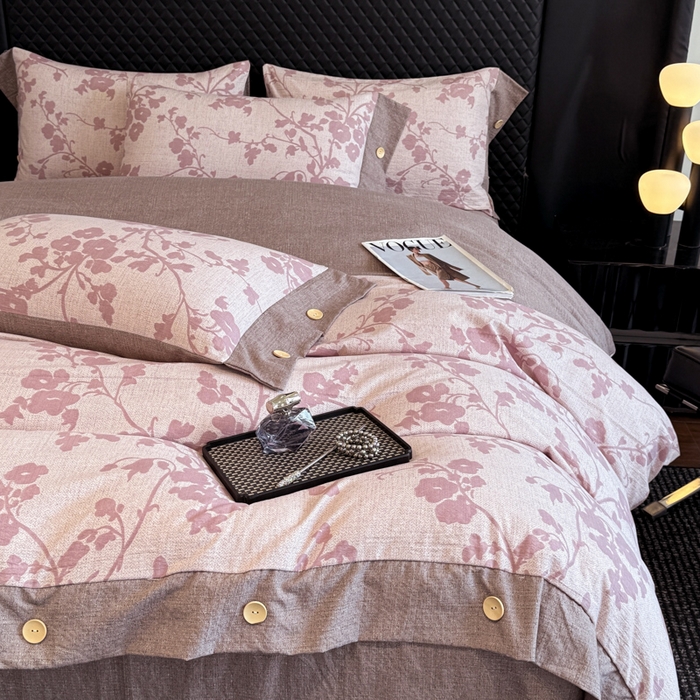 91家纺网 家纺一手货源 找家纺 晚爱家纺（原晚安家居） 2025新款A类原麻四件套纽扣款加厚双层纱仿亚麻套件四件套 繁花粉