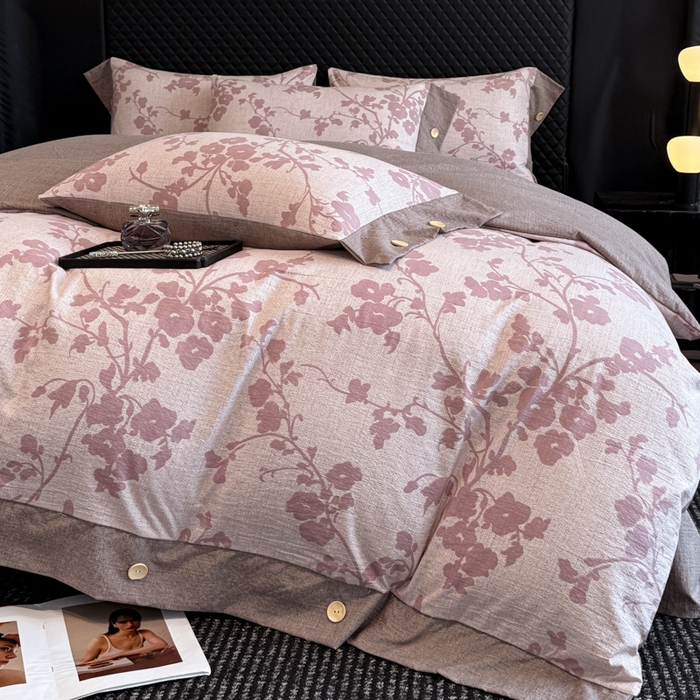 91家纺网 家纺一手货源 找家纺 晚爱家纺（原晚安家居） 2025新款A类原麻四件套纽扣款加厚双层纱仿亚麻套件四件套 繁花粉