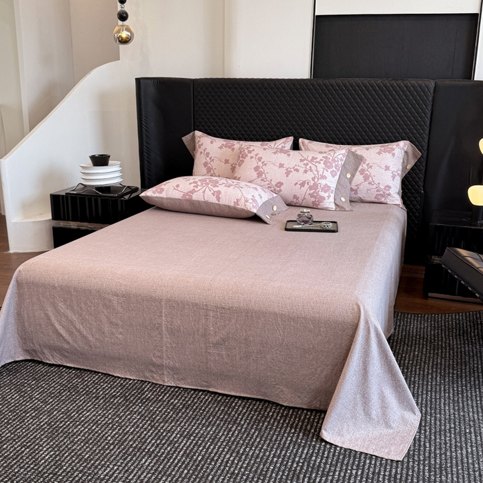 91家纺网 家纺一手货源 找家纺 晚爱家纺（原晚安家居） 2025新款A类原麻四件套纽扣款加厚双层纱仿亚麻套件四件套 繁花粉