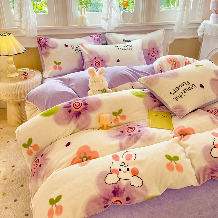 91家纺网 家纺一手货源 找家纺 摩妮卡 摩妮卡 2025新款加厚款小清新牛奶绒印花四件套床单款床笠单被套 花恬兔