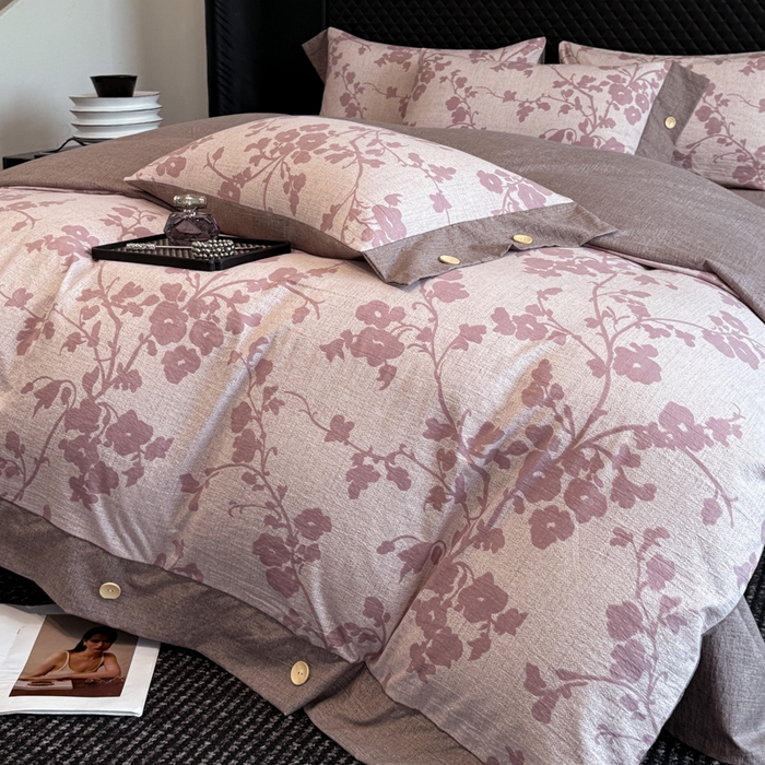 91家纺网 家纺一手货源 找家纺 晚爱家纺（原晚安家居） 2025新款A类原麻四件套纽扣款加厚双层纱仿亚麻套件四件套 繁花粉