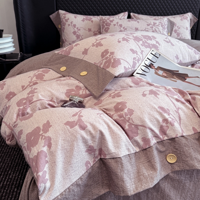 91家纺网 家纺一手货源 找家纺 晚爱家纺（原晚安家居） 2025新款A类原麻四件套纽扣款加厚双层纱仿亚麻套件四件套 繁花粉