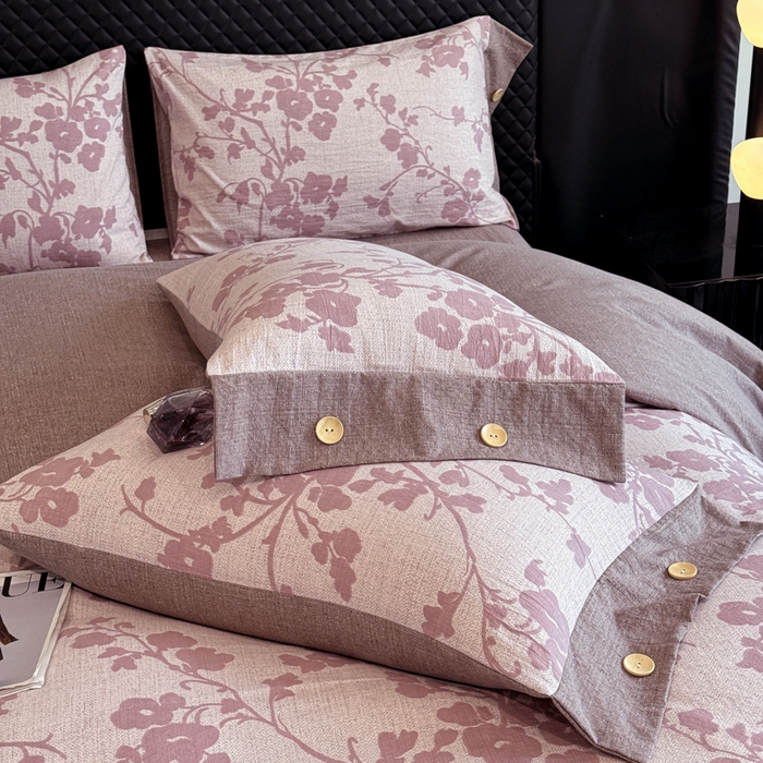 91家纺网 家纺一手货源 找家纺 晚爱家纺（原晚安家居） 2025新款A类原麻四件套纽扣款加厚双层纱仿亚麻套件四件套 繁花粉