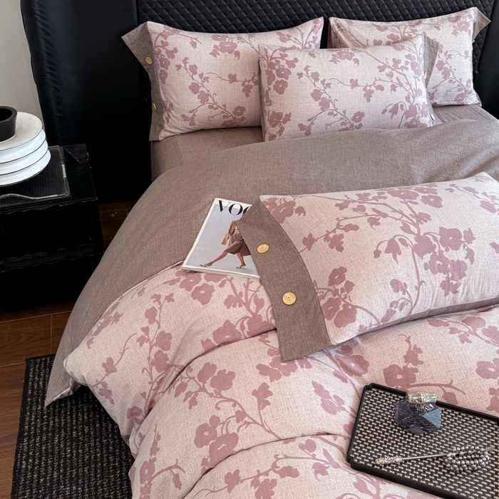 91家纺网 家纺一手货源 找家纺 晚爱家纺（原晚安家居） 2025新款A类原麻四件套纽扣款加厚双层纱仿亚麻套件四件套 繁花粉