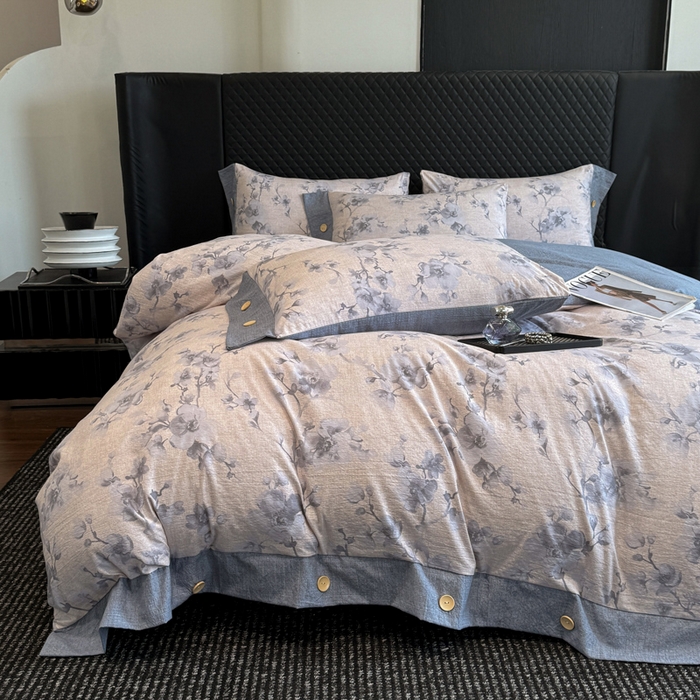 91家纺网 家纺一手货源 找家纺 晚爱家纺（原晚安家居） 2025新款A类原麻四件套纽扣款加厚双层纱仿亚麻套件四件套 繁花蓝