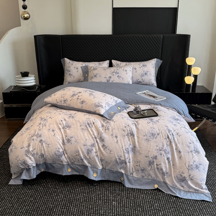 91家纺网 家纺一手货源 找家纺 晚爱家纺（原晚安家居） 2025新款A类原麻四件套纽扣款加厚双层纱仿亚麻套件四件套 繁花蓝