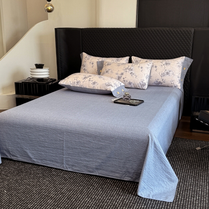 91家纺网 家纺一手货源 找家纺 晚爱家纺（原晚安家居） 2025新款A类原麻四件套纽扣款加厚双层纱仿亚麻套件四件套 繁花蓝