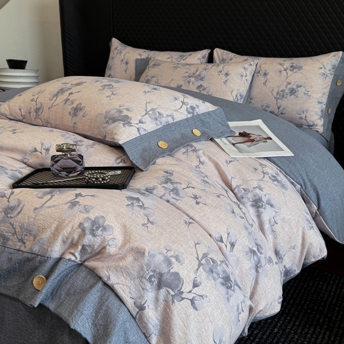 91家纺网 家纺一手货源 找家纺 晚爱家纺（原晚安家居） 2025新款A类原麻四件套纽扣款加厚双层纱仿亚麻套件四件套 繁花蓝