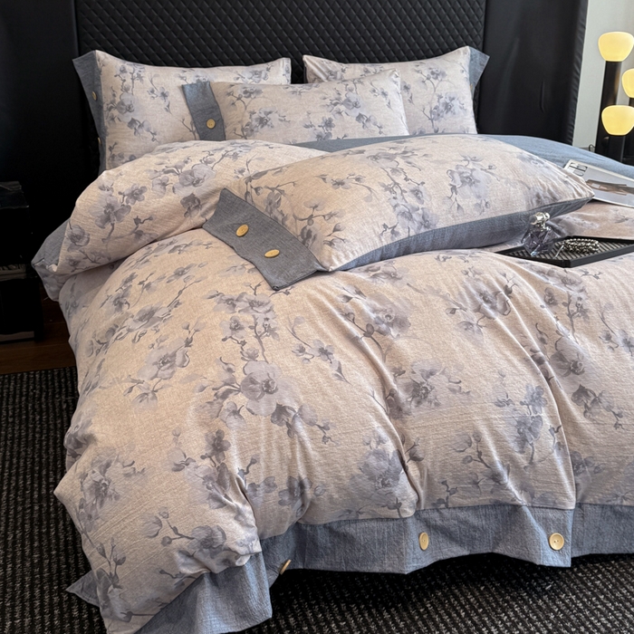 91家纺网 家纺一手货源 找家纺 晚爱家纺（原晚安家居） 2025新款A类原麻四件套纽扣款加厚双层纱仿亚麻套件四件套 繁花蓝