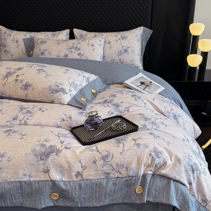 91家纺网 家纺一手货源 找家纺 晚爱家纺（原晚安家居） 2025新款A类原麻四件套纽扣款加厚双层纱仿亚麻套件四件套 繁花蓝