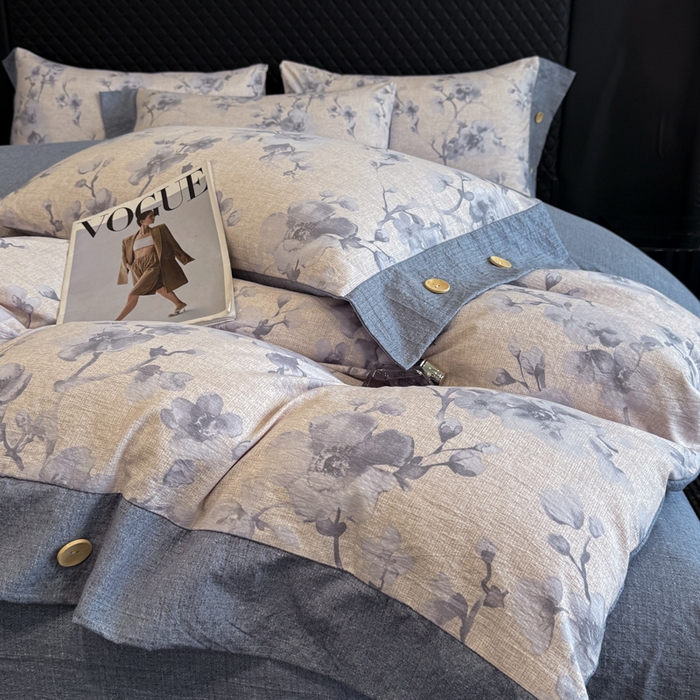 91家纺网 家纺一手货源 找家纺 晚爱家纺（原晚安家居） 2025新款A类原麻四件套纽扣款加厚双层纱仿亚麻套件四件套 繁花蓝