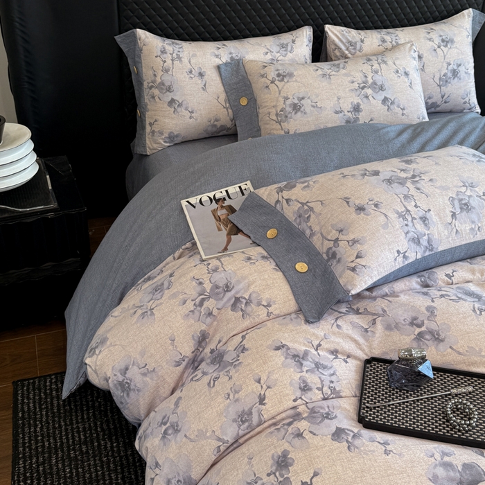 91家纺网 家纺一手货源 找家纺 晚爱家纺（原晚安家居） 2025新款A类原麻四件套纽扣款加厚双层纱仿亚麻套件四件套 繁花蓝