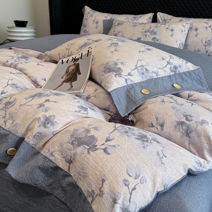 91家纺网 家纺一手货源 找家纺 晚爱家纺（原晚安家居） 2025新款A类原麻四件套纽扣款加厚双层纱仿亚麻套件四件套 繁花蓝