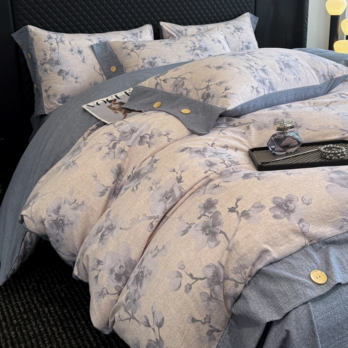 91家纺网 家纺一手货源 找家纺 晚爱家纺（原晚安家居） 2025新款A类原麻四件套纽扣款加厚双层纱仿亚麻套件四件套 繁花蓝