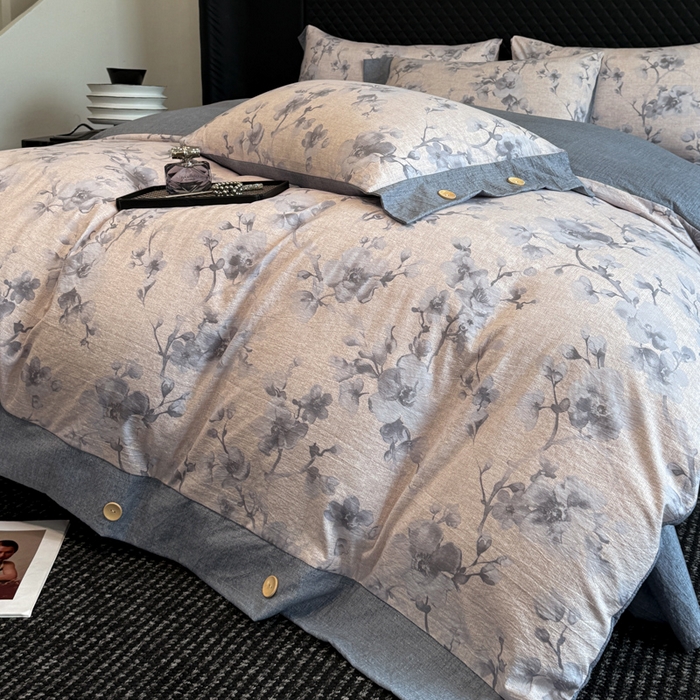 91家纺网 家纺一手货源 找家纺 晚爱家纺（原晚安家居） 2025新款A类原麻四件套纽扣款加厚双层纱仿亚麻套件四件套 繁花蓝