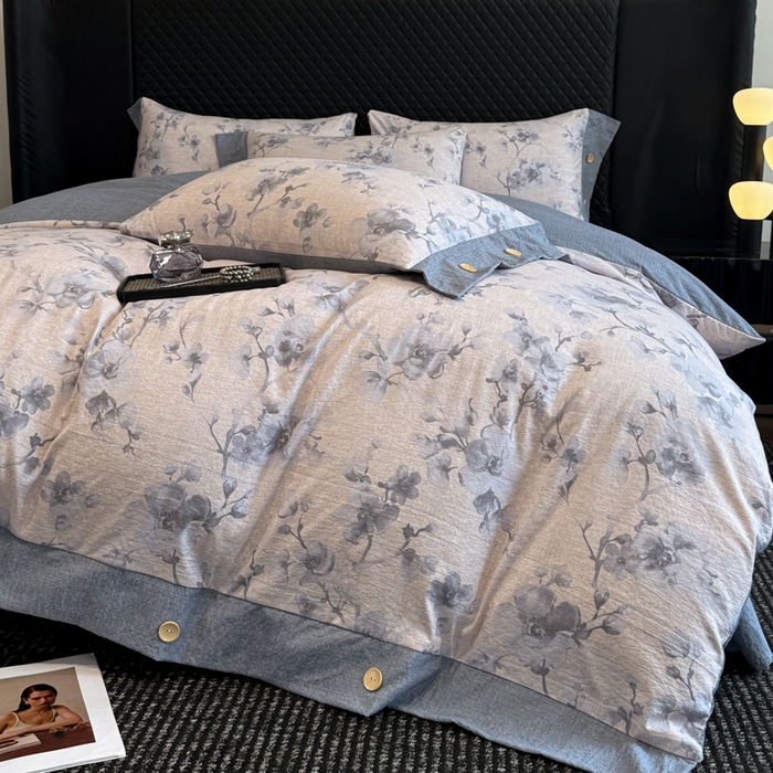 91家纺网 家纺一手货源 找家纺 晚爱家纺（原晚安家居） 2025新款A类原麻四件套纽扣款加厚双层纱仿亚麻套件四件套 繁花蓝