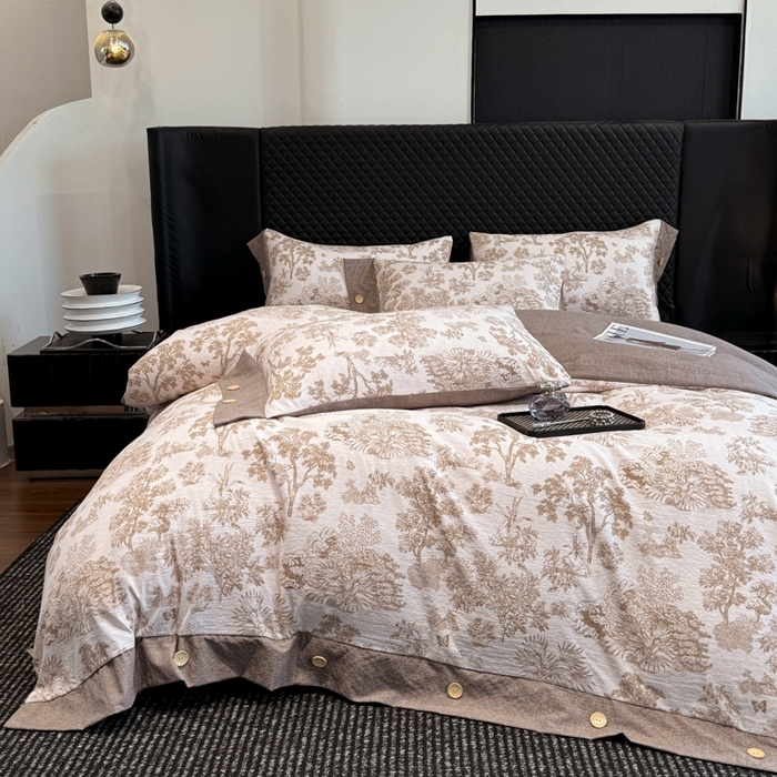 91家纺网 家纺一手货源 找家纺 晚爱家纺（原晚安家居） 2025新款A类原麻四件套纽扣款加厚双层纱仿亚麻套件四件套 秋意浓