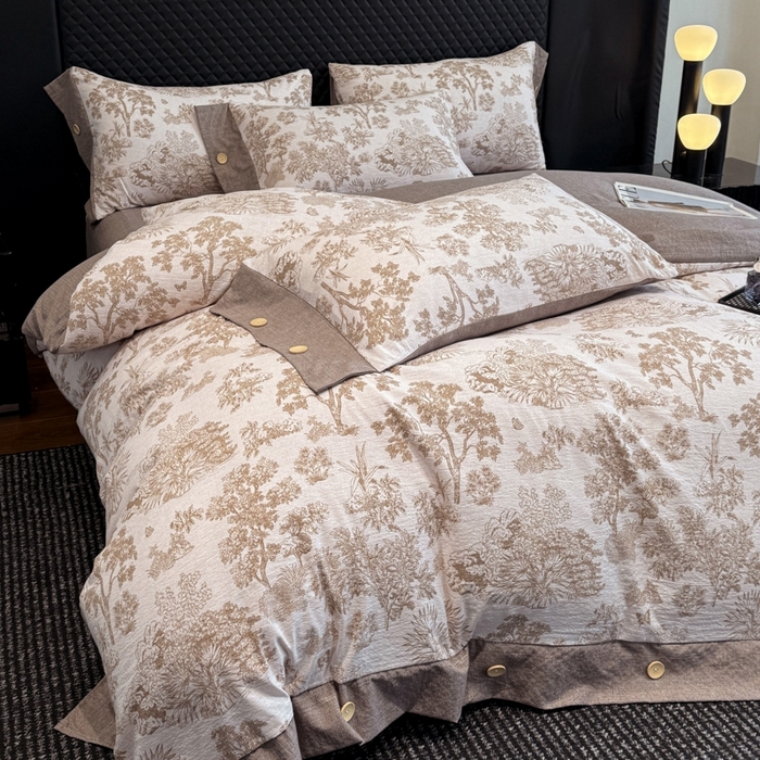 91家纺网 家纺一手货源 找家纺 晚爱家纺（原晚安家居） 2025新款A类原麻四件套纽扣款加厚双层纱仿亚麻套件四件套 秋意浓