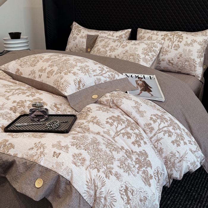 91家纺网 家纺一手货源 找家纺 晚爱家纺（原晚安家居） 2025新款A类原麻四件套纽扣款加厚双层纱仿亚麻套件四件套 秋意浓