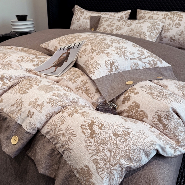 91家纺网 家纺一手货源 找家纺 晚爱家纺（原晚安家居） 2025新款A类原麻四件套纽扣款加厚双层纱仿亚麻套件四件套 秋意浓