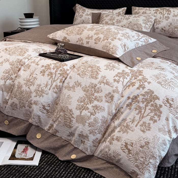 91家纺网 家纺一手货源 找家纺 晚爱家纺（原晚安家居） 2025新款A类原麻四件套纽扣款加厚双层纱仿亚麻套件四件套 秋意浓