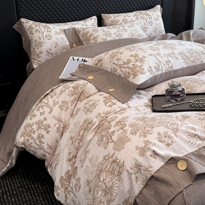 91家纺网 家纺一手货源 找家纺 晚爱家纺（原晚安家居） 2025新款A类原麻四件套纽扣款加厚双层纱仿亚麻套件四件套 秋意浓