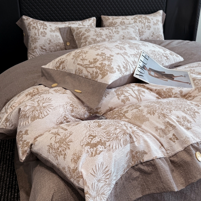 91家纺网 家纺一手货源 找家纺 晚爱家纺（原晚安家居） 2025新款A类原麻四件套纽扣款加厚双层纱仿亚麻套件四件套 秋意浓