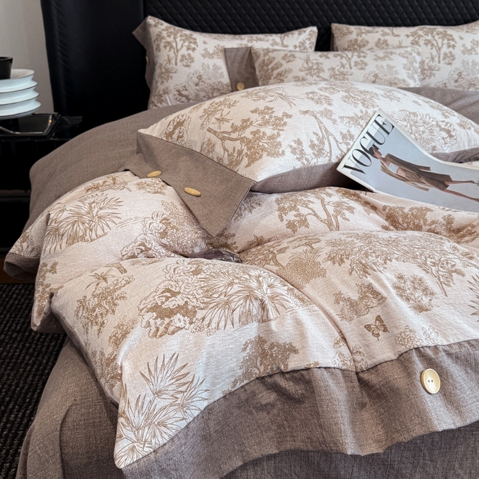 91家纺网 家纺一手货源 找家纺 晚爱家纺（原晚安家居） 2025新款A类原麻四件套纽扣款加厚双层纱仿亚麻套件四件套 秋意浓