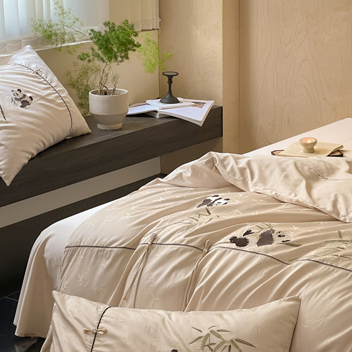 91家纺网 家纺一手货源 找家纺 （总）漫调家纺 2025新款新中式100支国风提花熊猫刺绣四件套【现货供应+提供买家秀】