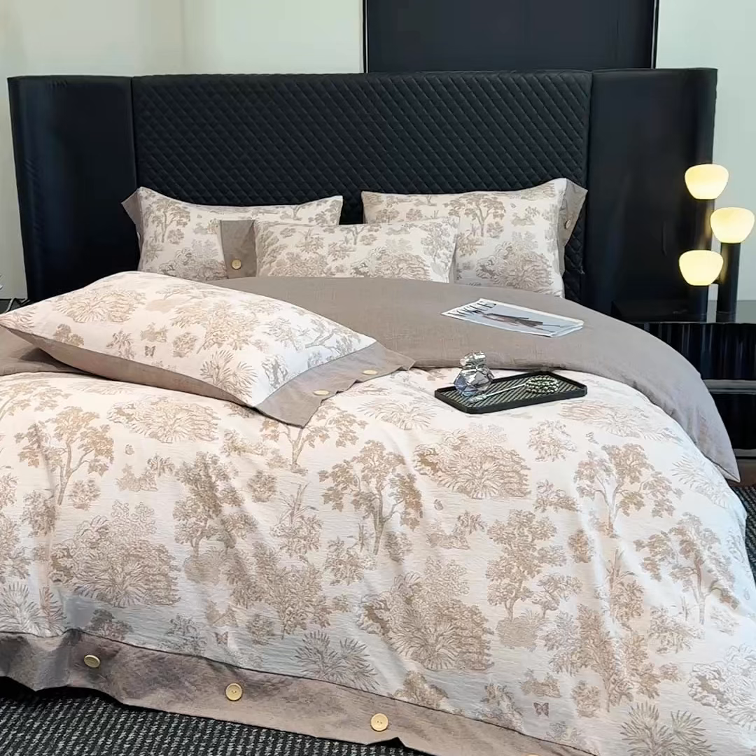 91家纺网 家纺一手货源 找家纺 晚爱家纺（原晚安家居） 2025新款A类原麻四件套纽扣款加厚双层纱仿亚麻套件四件套 秋意浓