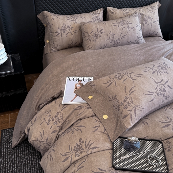 91家纺网 家纺一手货源 找家纺 晚爱家纺（原晚安家居） 2025新款A类原麻四件套纽扣款加厚双层纱仿亚麻套件四件套 深秋咖