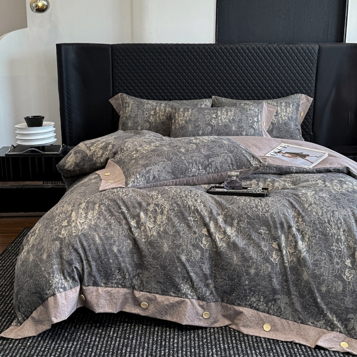 91家纺网 家纺一手货源 找家纺 晚爱家纺（原晚安家居） 2025新款A类原麻四件套纽扣款加厚双层纱仿亚麻套件四件套 水墨江南