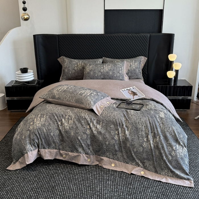 91家纺网 家纺一手货源 找家纺 晚爱家纺（原晚安家居） 2025新款A类原麻四件套纽扣款加厚双层纱仿亚麻套件四件套 水墨江南